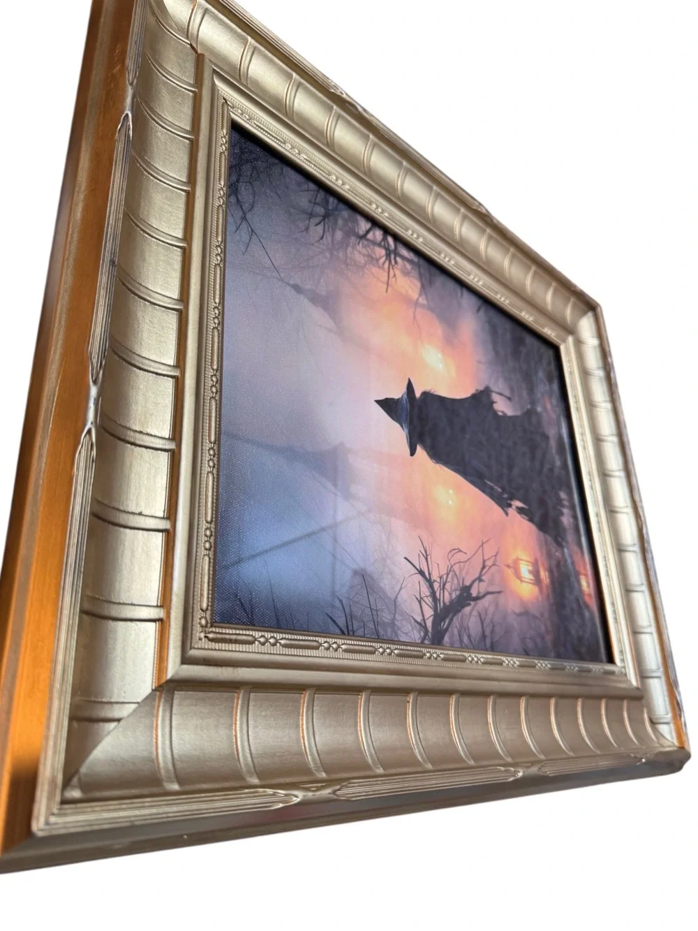 Framed Witch Silhouette Wall Canvas Art in Heavy Gold Wooden Frame 20”x17”